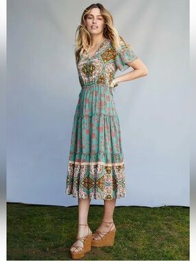 Matilda Jane Boho Floral Maxi Dress Drawstring Waist Coquette Cottagecore M